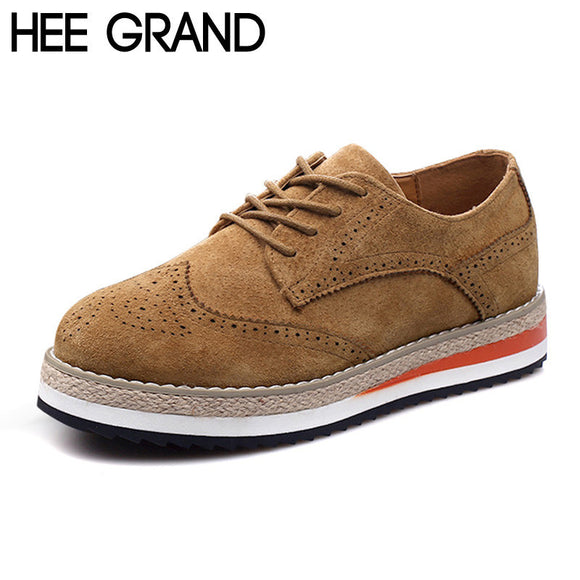 HEE GRAND Women Brogue Shoes Flock Hemp Patchwork Flat Platform Cut outs Thick Bottom Shoes Woman British Style Footwear XWD4437