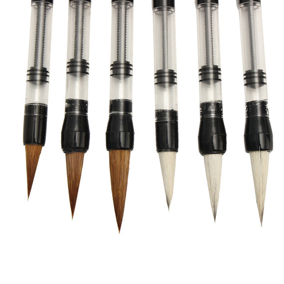6 Pcs Chinese Piston Water Ink Brush Calligraphy Weasel Hair Pen and Wool Pen Irrigation Water or Ink Writing Automatic Water