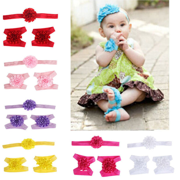 2017 3pcs Cute Foot Flower Barefoot Sandals+Headband  Set Solid Color  Elastic Hair Bands Cute Kids Headbands #LSW