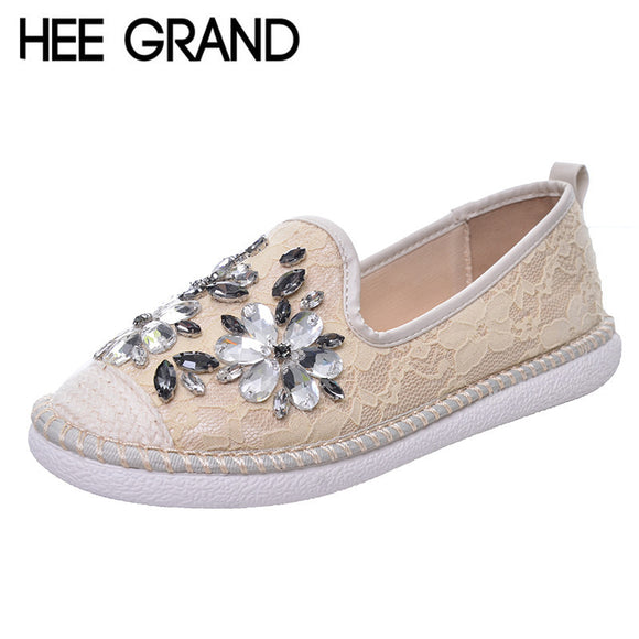 HEE GRAND Woman Loafers Flat with Crystal Beading Fashion Style Sweet Flower Lace Hemp Spring Shoes Woman Big Size 40 XWD5156