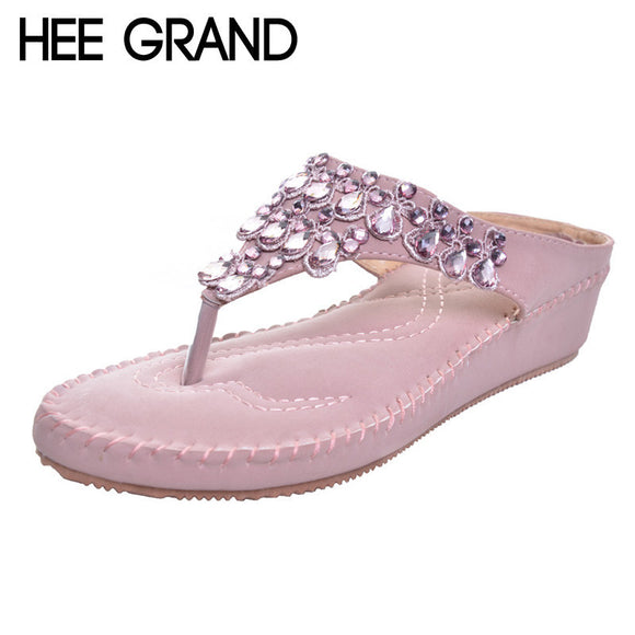 HEE GRAND Princess Rhinestone Woman Flip Flops Summer Style Sweet Girls' Women's Shoes 5cm Heel Casual Beach Slippers XWT310