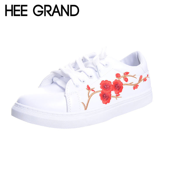 HEE GRAND Embroidered Women Casual Shoes Lace-up Floral Fashion Vulcanize Shoes All-match Spring White Shoes XWB119